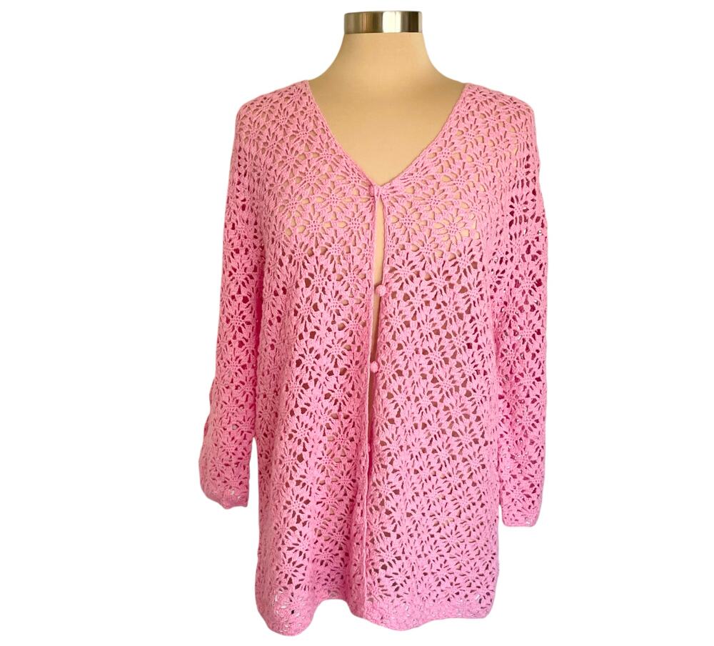 St Johns Bay Pink Crochet Cardigan Size 1X Cotton Feminine Soft Girl Cottagecore